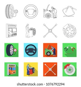 Wheel balancing, spanner and brake disc outline,flat icons in set collection for design.Car maintenance station vector symbol stock illustration web.