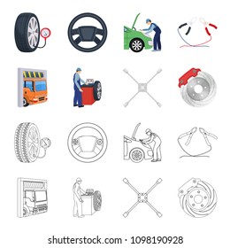 Wheel balancing, spanner and brake disc cartoon,outline icons in set collection for design.Car maintenance station vector symbol stock illustration web.