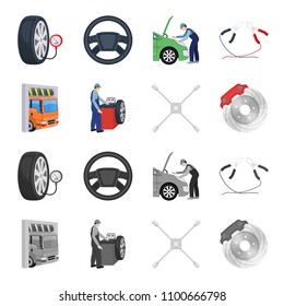 Wheel balancing, spanner and brake disc cartoon,monochrome icons in set collection for design.Car maintenance station vector symbol stock illustration web.