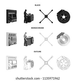Wheel balancing, spanner and brake disc black,monochrome,outline icons in set collection for design.Car maintenance station vector symbol stock illustration web.