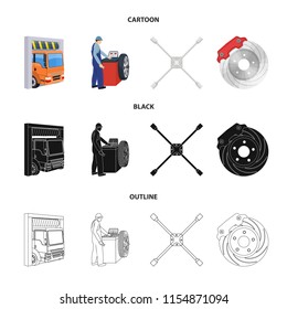 Wheel balancing, spanner and brake disc cartoon,black,outline icons in set collection for design.Car maintenance station vector symbol stock illustration web.