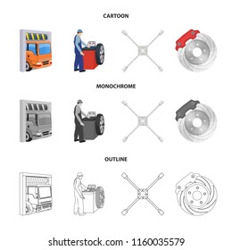 Wheel balancing, spanner and brake disc cartoon,outline,monochrome icons in set collection for design.Car maintenance station vector symbol stock illustration web.