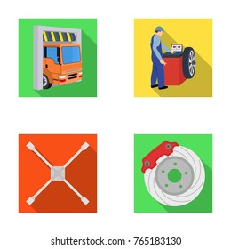 Wheel balancing, spanner and brake disc flat icons in set collection for design.Car maintenance station vector symbol stock illustration web.