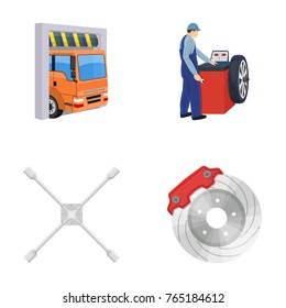 Wheel balancing, spanner and brake disc cartoon icons in set collection for design.Car maintenance station vector symbol stock illustration web.