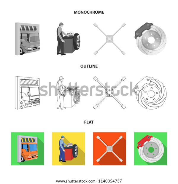 Wheel balancing, spanner and\
brake disc flat,outline,monochrome icons in set collection for\
design.Car maintenance station vector symbol stock illustration\
web.