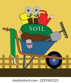 A wheel barrel with everything needed for gardening. 