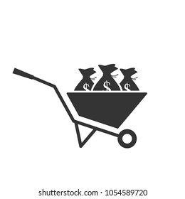 Wheel barrow with money sack. Vector silhouette isolated on white background
