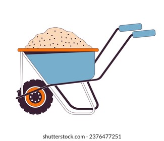 Wheel barrow trolley with sand 2D linear cartoon object. Concrete cart isolated line vector item white background. Construction wheelbarrow. Equipment building site color flat spot illustration