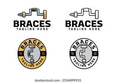 wheel brace tool colorful and outline logo design set for workshop and carpenter. brace carpenter hand drill tool illustration badge logo template for woodwork, craftsman 