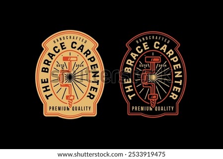 wheel brace tool retro badge logo design for woodwork, craftsman, handyman. brace carpenter hand drill tool emblem logo collection for workshop, construction 