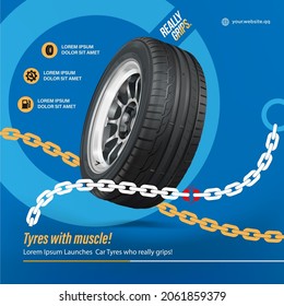 The wheel breaks the chains. Advertising poster, flyer. The tire is clean and of high quality. Blue. Muscle tires! Web design. Promo action. Tire shop, spare parts and auto service discount promotion.