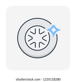 Wheel car and auto tyre shiny icon. For car and auto detailing, washing, cleaning, waxing, polishing and other service concept. Auto detailing is an activity to keep the vehicle in best condition. 
