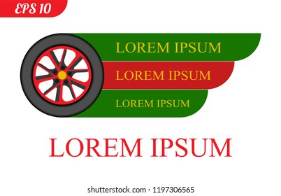 Wheel car logo, vector illustration. Logotype for car service, shop, wheels, repair company, for web, magazines. Red, green, yellow color logo. EPS 10 