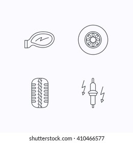 Wheel, car mirror and spark plug icons. Tire tread linear sign. Flat linear icons on white background. Vector