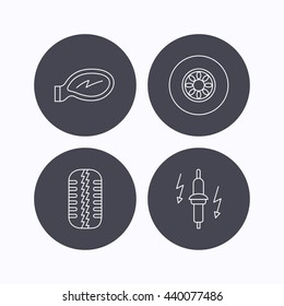 Wheel, car mirror and spark plug icons. Tire tread linear sign. Flat icons in circle buttons on white background. Vector