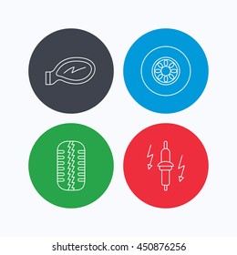 Wheel, car mirror and spark plug icons. Tire tread linear sign. Linear icons on colored buttons. Flat web symbols. Vector