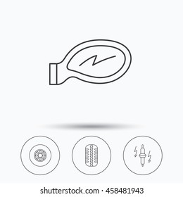 Wheel, car mirror and spark plug icons. Tire tread linear sign. Linear icons in circle buttons. Flat web symbols. Vector