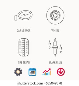 Wheel, car mirror and spark plug icons. Tire tread linear sign. Calendar, Graph chart and Cogwheel signs. Download colored web icon. Vector