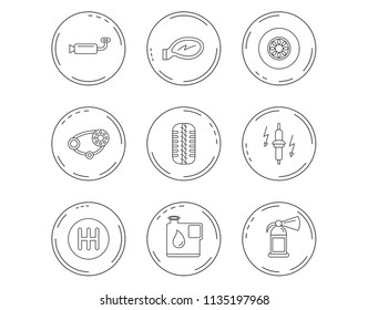 Wheel, car mirror and timing belt icons. Fire extinguisher, jerrycan and manual gearbox linear signs. Muffler, spark plug icons. Linear Circles web buttons with icons. Vector