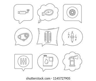 Wheel, car mirror and timing belt icons. Fire extinguisher, jerrycan and manual gearbox linear signs. Muffler, spark plug icons. Linear Speech bubbles with icons set. Comic chat balloon. Vector