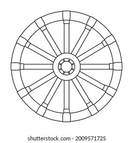Vektorsymbol des Radkartons. Vektorgrafik Holzrad auf weißem Hintergrund. Einziger Umriss-Icon des Holzradkarren.