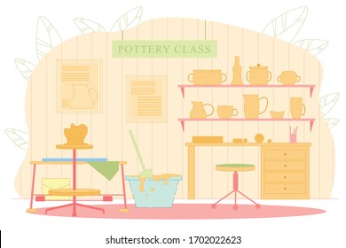 Wheel and Ceramics for Pottery Class Flat Cartoon Vector Illustration. Handmade Studio with Equipment and Ready Made Objects such as Pots, Dishes, Teapots, Plates Advertisement. Room Interior.
