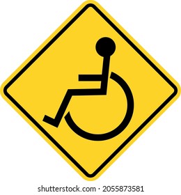 Wheel chair disabled warning sign. Yellow diamond background. Traffic signs and symbols.