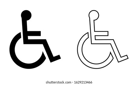 Wheel Chair Icon Sign Symbol Black Silhouette and Outline Vector Isolated on White