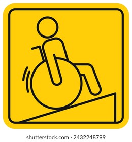 Wheel chair ramp. Person in a wheelchair, outline sign on yellow background, line icon. Editable stroke. Accessibility pictogram for disabled people. Safe public transportation. Vector, flat style