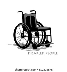 Wheel Chair Silhouette With Shadow And Text On A White Background.  Stock  Competition Of People With Disabilities To Move. Handicap.  Vector Illustration.