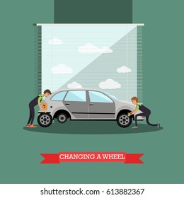Wheel change, auto service concept vector illustration. Repairmen changing auto wheels, flat style design elements.