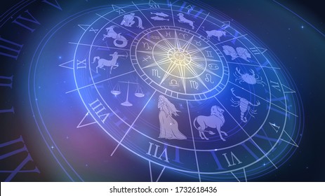 Wheel chart with zodiac signs in space, astrology and horoscope