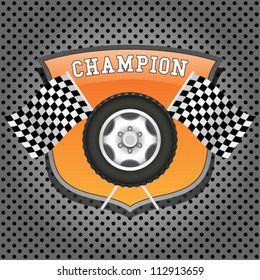 Wheel and checkered flags on orange shield