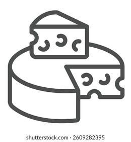 Wheel of cheese with slice line icon, culinary cooking concept. Vector graphics. Sliced cheese, dairy product sign on white background, outline style icon for mobile or web design