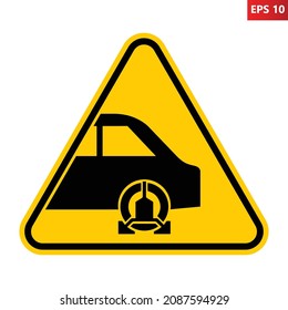 Wheel clamp warning sign. Vector illustration of yellow triangle sign with wheel lock icon inside. Do not park. Clamping zone symbol. Caution illegal parking will be penalized. 