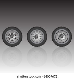 Wheel collection with reflection, vector illustration