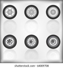 Wheel collection with reflection, vector illustration