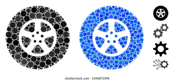 Wheel composition of filled circles in variable sizes and shades, based on wheel icon. Vector filled circles are composed into blue mosaic. Dotted wheel icon in usual and blue versions.