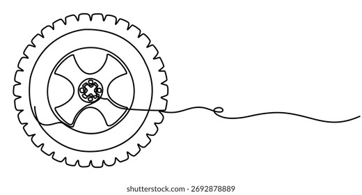  Wheel continuous one line drawing. Automobile tire symbol. outline Vector illustration. 