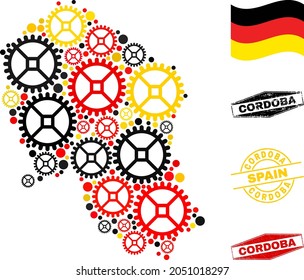 Wheel Cordoba Spanish Province map collage and seals. Vector collage is created from service icons in variable sizes, and Germany flag official colors - red, yellow, black.