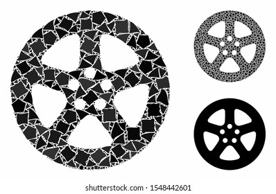 Wheel cover mosaic of rough pieces in different sizes and shades, based on wheel cover icon. Vector unequal pieces are united into collage. Wheel cover icons collage with dotted pattern.