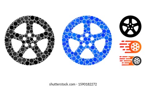 Wheel cover mosaic of round dots in different sizes and color hues, based on wheel cover icon. Vector round dots are grouped into blue composition. Dotted wheel cover icon in usual and blue versions.