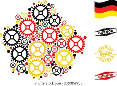 Wheel Cuenca Province map collage and stamps. Vector collage is formed from clock gear items in different sizes, and Germany flag official colors - red, yellow, black.