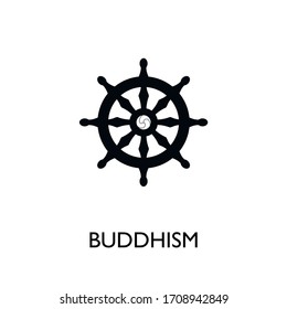 Rad Dharma, Dharmachakra - ein Symbol des Buddhismus und des Hinduismus. Buddhismus-Symbol im flachen Stil einzeln auf weißem Hintergrund