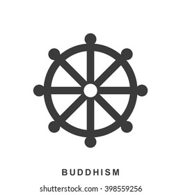 Wheel of Dharma, Dharmachakra - a symbol of Buddhism and Hinduism. Buddhism icon in flat style isolated on white background