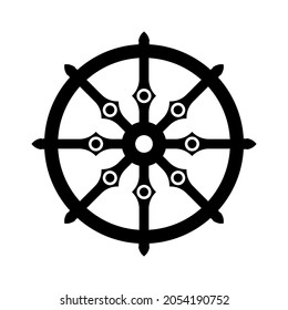 Wheel of Dharma icon. Religious symbol of Buddhism. Vector illustration. Dharma wheel of fortune.