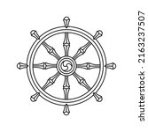 Wheel of Dharma outline icon isolated on white background. Symbol Hinduism or Buddhism. Eightfold Path consists of eight practices. Line flat style. Vector linear illustration.
