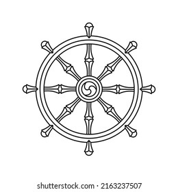 Rad der Dharma-Kontur Symbol einzeln auf weißem Hintergrund. Symbol Hinduismus oder Buddhismus. Der einfache Weg besteht aus acht Übungen. Line flach Stil. Lineare Vektorgrafik.