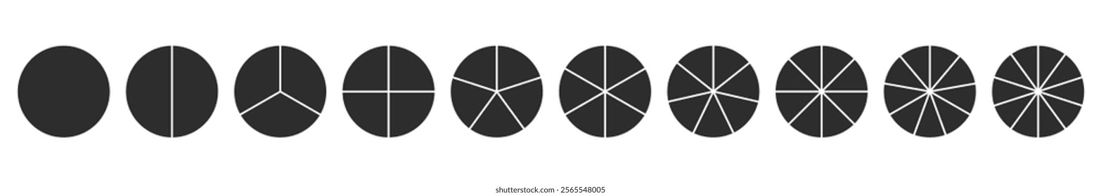 Wheel diagram divided from 1 to 10 parts silhouette, Pie chart infographic circle divided into pizza or pie segments, Vector flat icons.