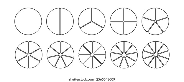 Wheel diagram divided from 1 to 10 parts, Circular linear diagram infographic circle divided into pizza or pie segments, Vector flat icons.